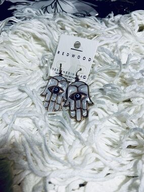 Redwood Hamsa Hand Evil Eye Dangle Earrings - White & Blue